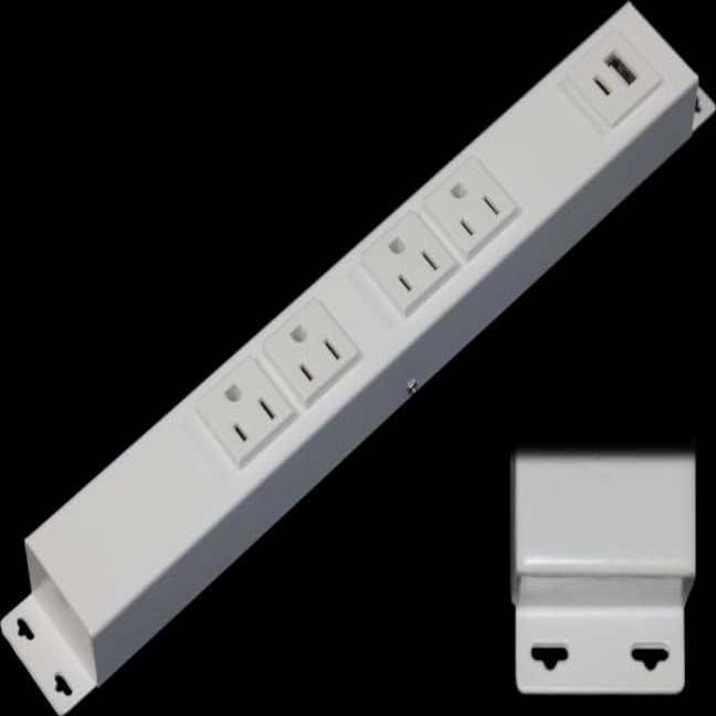 12 Hardwired Power Strip (NO Power Cord), 4 Outlets (NOT Tamper Resistant), with Ears (with mounting tabs on Both Ends), 15 Amp (NOT 20Amp Unit), USB A+C, White