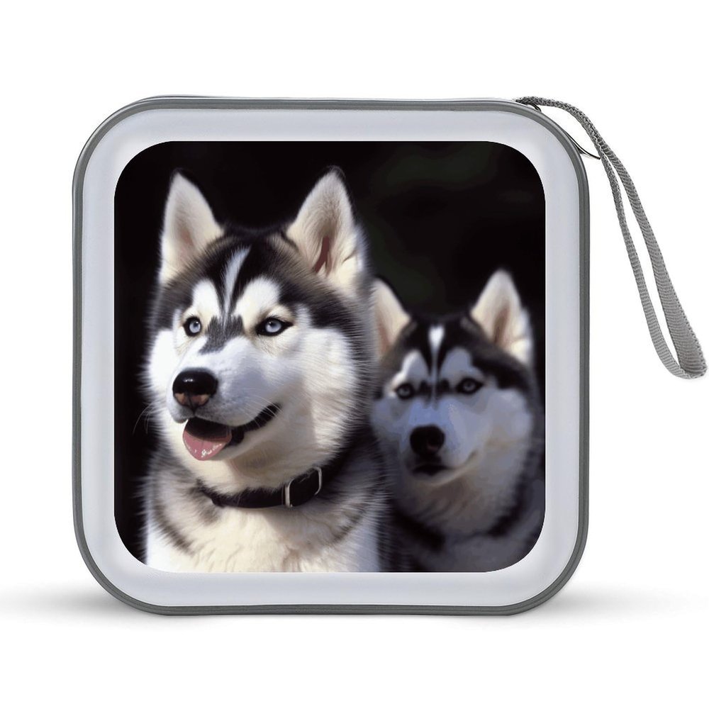 FekiLoot Husky Dog CD Case Portable DVD Case Holder Large Storage Disc Wallet Bag 40 Capacity Hard Plastic Disc Cases Storage Binder DVD Case Wallet for Car Home Travel