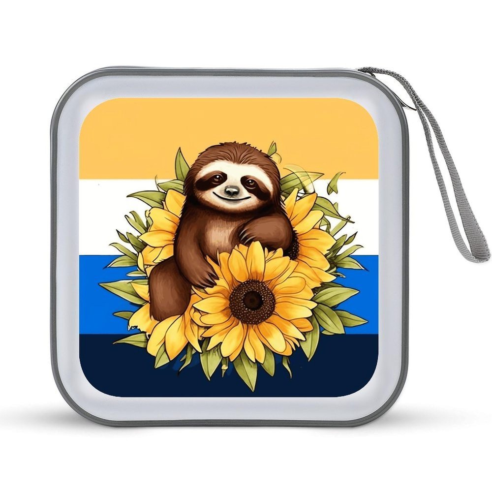 FekiLoot Cartoon Sloth Sitting on Sunflower CD Case Portable DVD Case Holder Large Storage Disc Wallet Bag 40 Capacity Hard Plastic Disc Cases Storage Binder DVD Case Wallet for Car Home Travel