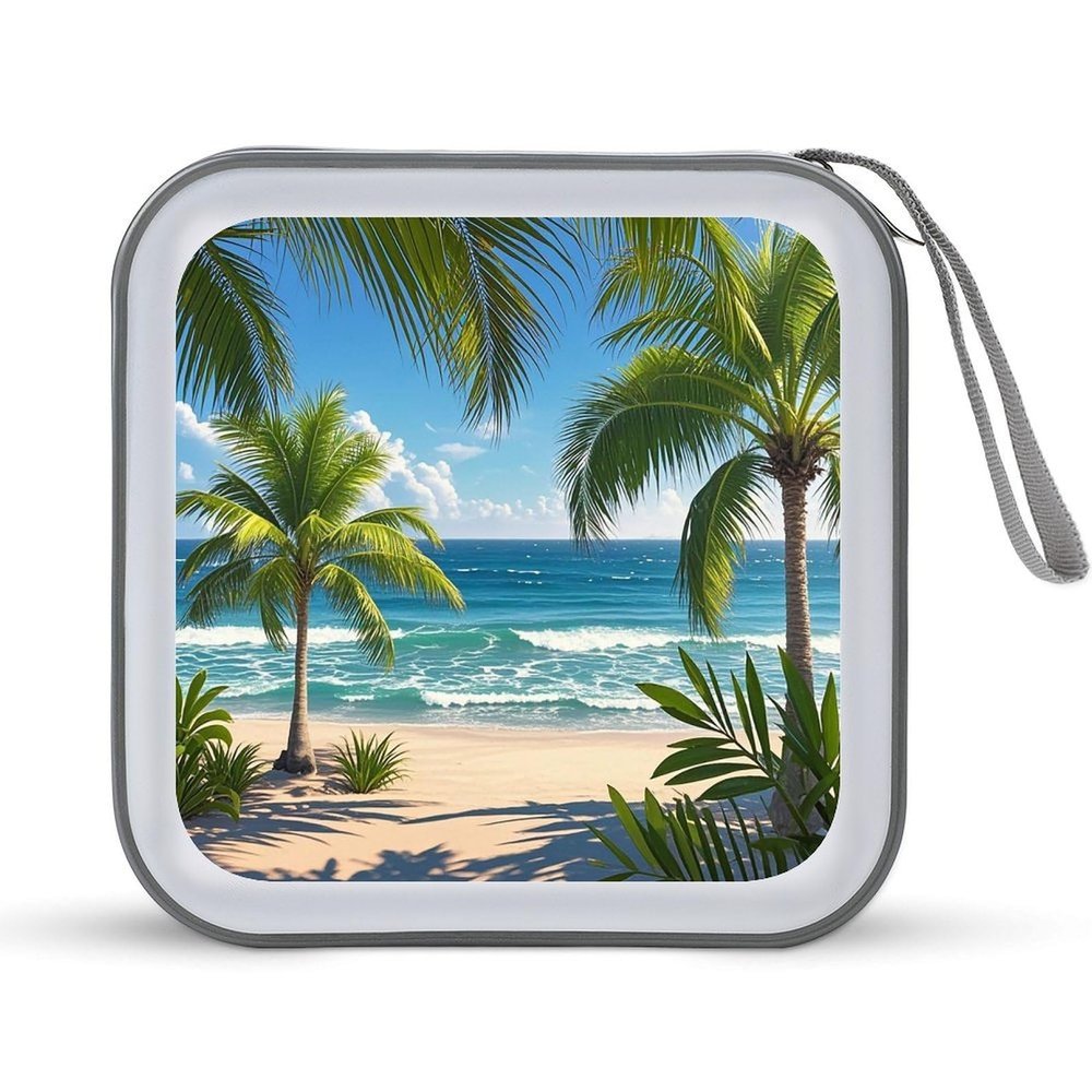 FekiLoot Green Palm Trees Ocean CD Case Portable DVD Case Holder Large Storage Disc Wallet Bag 40 Capacity Hard Plastic Disc Cases Storage Binder DVD Case Wallet for Car Home Travel