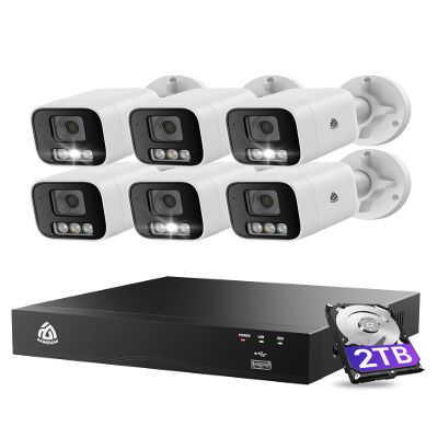 5MP Outdoor Surveillance Camera Set, Video Surveillance with 4K 8CH 2TB HDD PoE NVR & 6X 5MP PoE IP Camera, People/Vehicle Detection, 2-Way Audio, Color Night Vision, 24/7 Recording