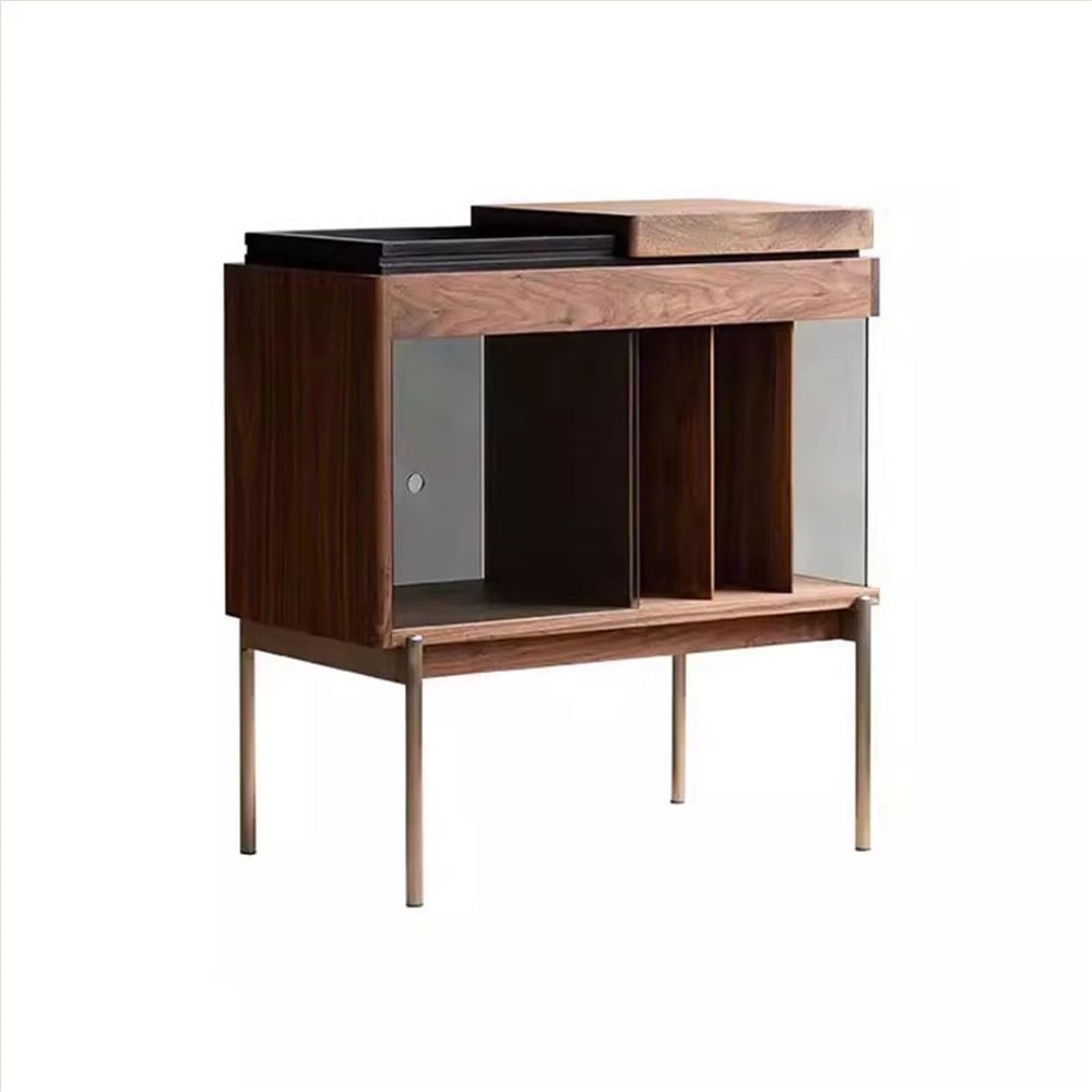CFGH6FDF Records Retro Minimalism Wooden Vinyl Record Rack Side Cabinet with Sliding Glass Album Book