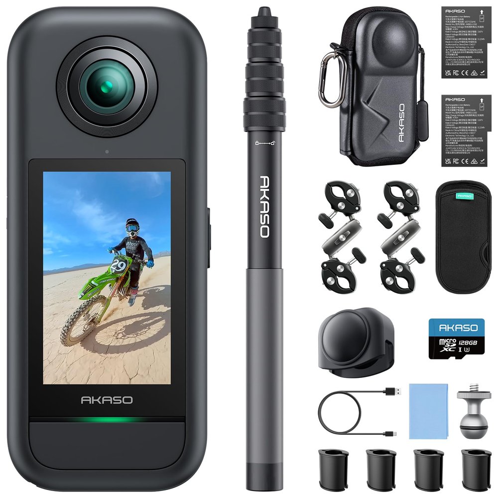 AKASO 360 Weatherproof 360 Action Camera Motorcycle Combo with MicroSDXC U3 Card and Camera Carrying Case Bundle