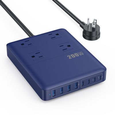 200W Charging Station,12-in-1 USB C Power Strip with Flat Plug and 5ft Extension Cord,4 AC Outlets,4 USB-A,4 USB-C Ports for iPhone 17/16/15,65W PD Fast Laptop Charger for MacBook,Home,Office (Blue)