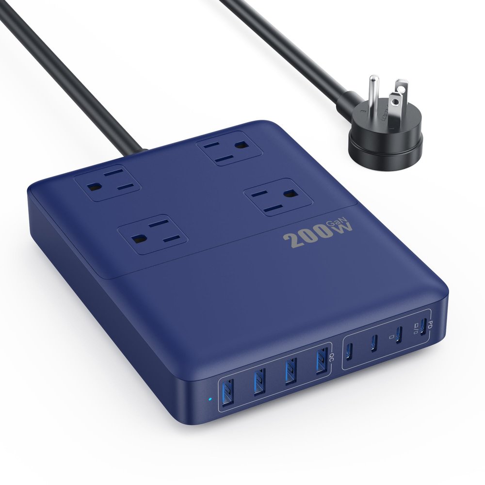 200W Charging Station,12-in-1 USB C Power Strip with Flat Plug and 5ft Extension Cord,4 AC Outlets,4 USB-A,4 USB-C Ports for iPhone 17/16/15,65W PD Fast Laptop Charger for MacBook,Home,Office (Blue)