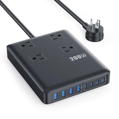 200W Charging Station,12-in-1 USB C Power Strip with Flat Plug and 5ft Extension Cord,4 AC Outlets,4 USB-A,4 USB-C Ports for iPhone 17/16/15,65W PD Fast Laptop Charger for MacBook, Home, Office, Dorm