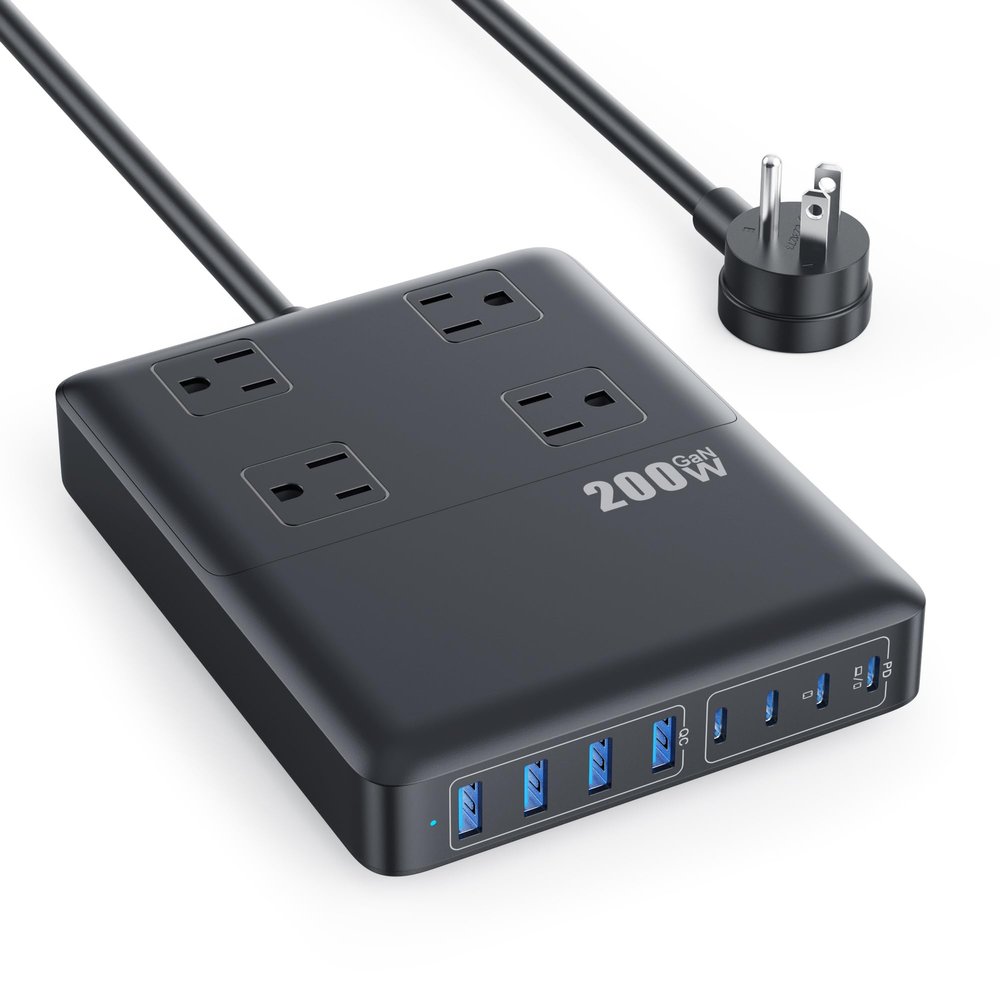 200W Charging Station,12-in-1 USB C Power Strip with Flat Plug and 5ft Extension Cord,4 AC Outlets,4 USB-A,4 USB-C Ports for iPhone 17/16/15,65W PD Fast Laptop Charger for MacBook, Home, Office, Dorm