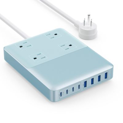 200W Charging Station,12-in-1 USB C Power Strip with Flat Plug and 5ft Extension Cord,4 AC Outlets,4 USB-A,4 USB-C Ports for iPhone 17/16/15,65W PD Fast Laptop Charger for MacBook,Home,Dorm(Sky Blue)