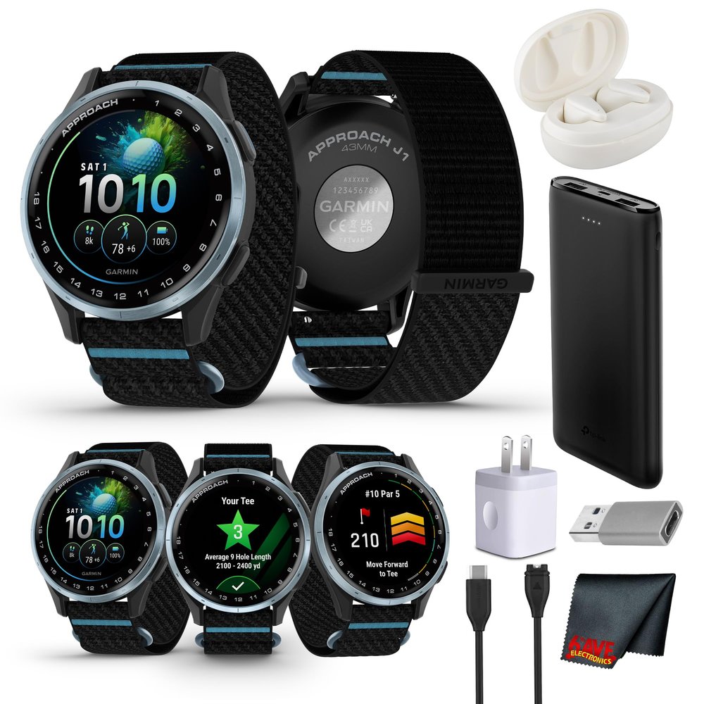 Garmin Approach J1 Junior GPS Golf Smartwatch, Cloud Blue Aluminum Bezel with Black/Azure ComfortFit Fabric Band, Features for Learning and Improving, Pace of Play Timer Bundle