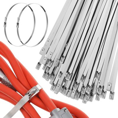 SEWACC 500 Pcs 304 Stainless Steel Self-locking Metal Cable Ties 4.6mm Wide 350mm Length Multi-purpose Cord Straps for Machinery Vehicles Outdoor Use