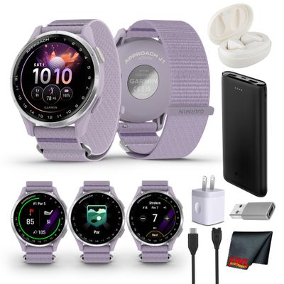 Garmin Approach J1 Junior GPS Golf Smartwatch, Silver Aluminum Bezel with Lilac ComfortFit Fabric Band, Features for Learning and Improving, Pace of Play Timer Bundle