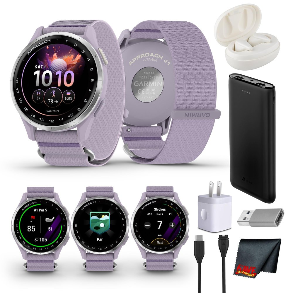 Garmin Approach J1 Junior GPS Golf Smartwatch, Silver Aluminum Bezel with Lilac ComfortFit Fabric Band, Features for Learning and Improving, Pace of Play Timer Bundle