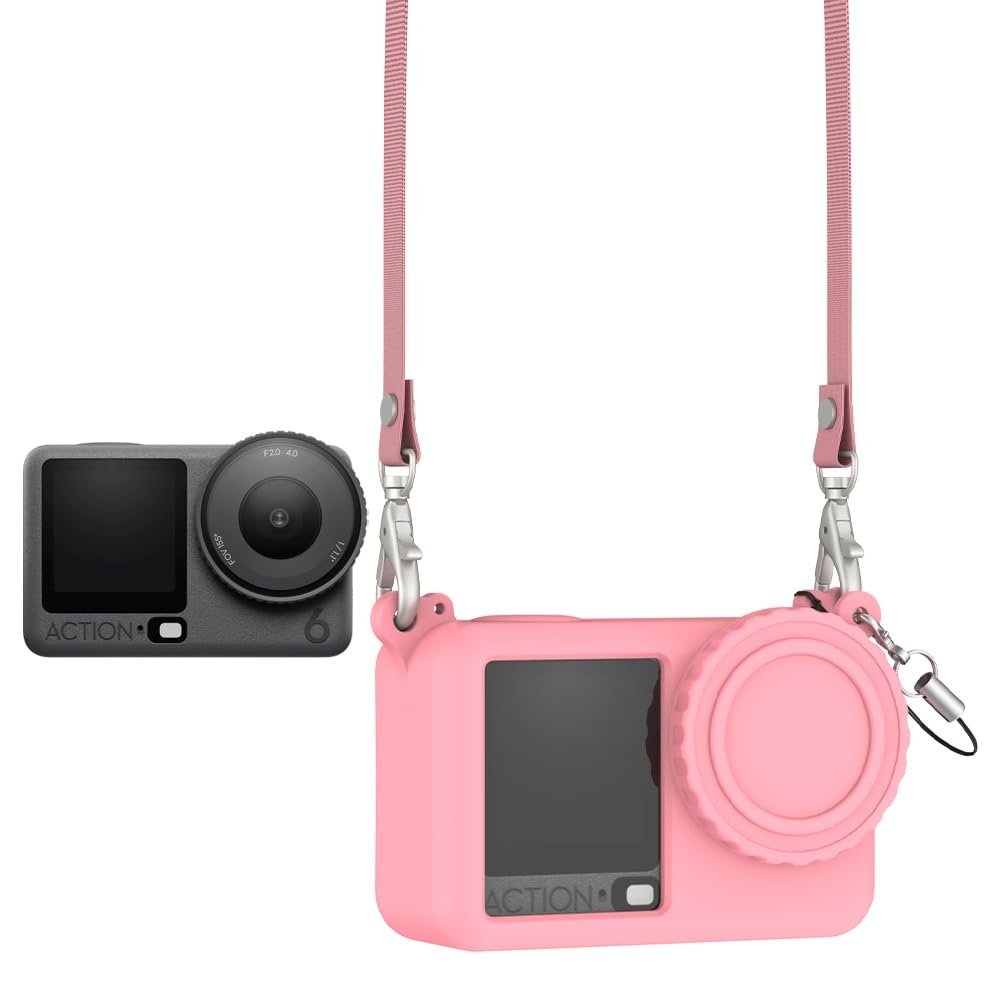 Full Coverage Silicone Protective Case for DJI Osmo Action 6, Ant Impact Dustproof Lens Cover, Sport Camera Osmo Action 6 Soft Shell with Neck Strap (Pink)