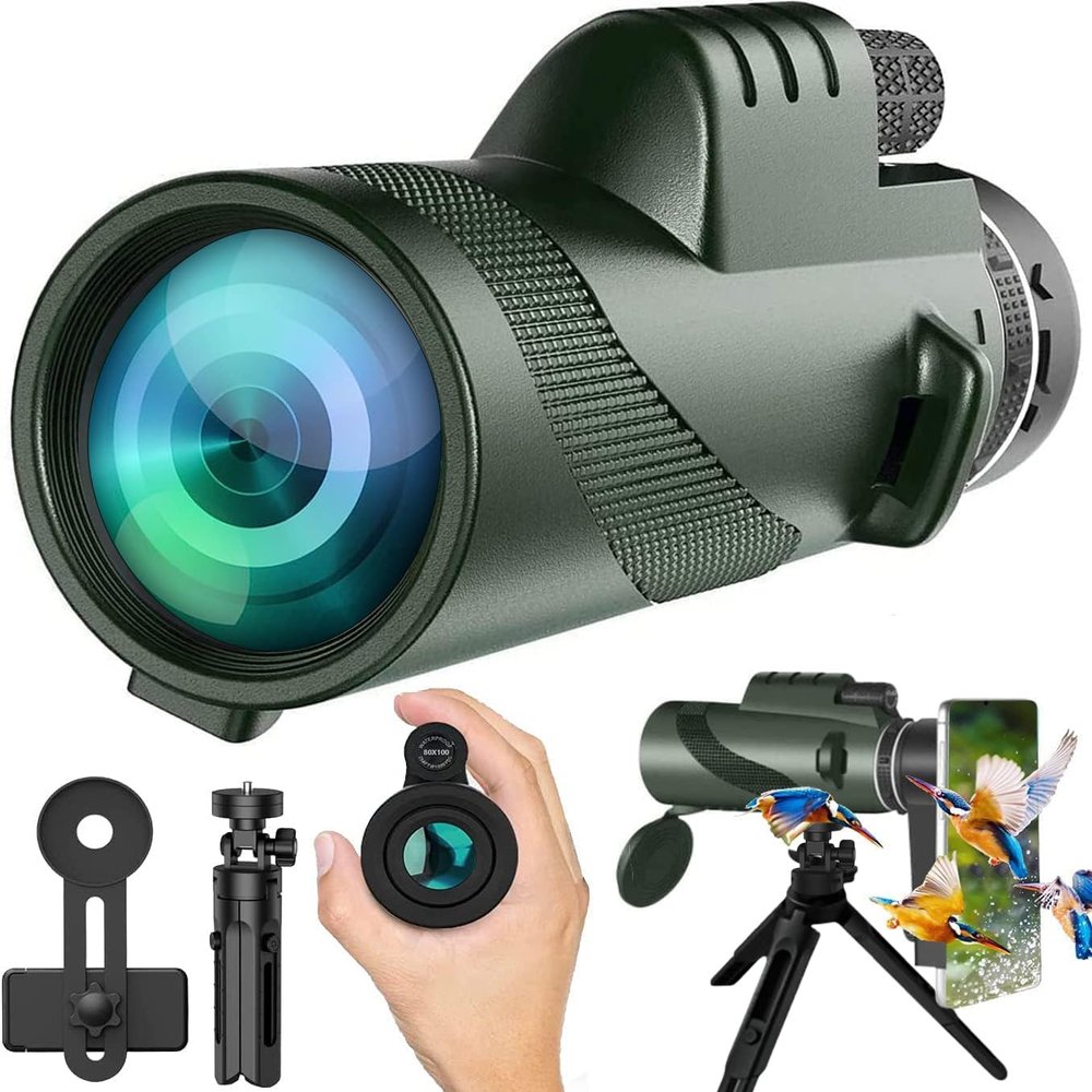 80x100 High Power Monocular Telescope with Smartphone Adapter - HD Optics for Bird Watching, Wildlife Observation, Hunting, Camping & Hiking - Ideal for Adults
