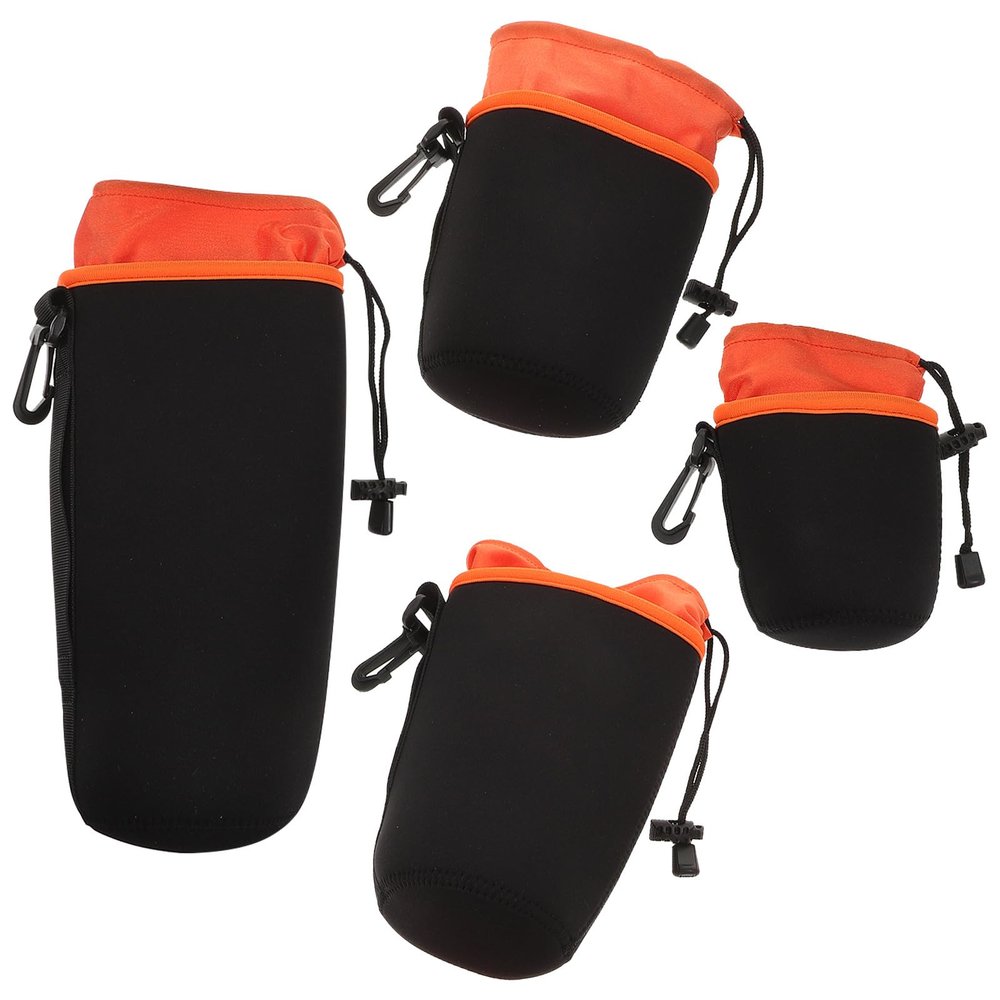 BESPORTBLE Waterproof Camera Lens Bag Set, Travel Lens Protector Pouches with Drawstring Closure, Thickened Soft Neoprene Storage Cases in Orange, S/m/l/xl Sizes for Photographers