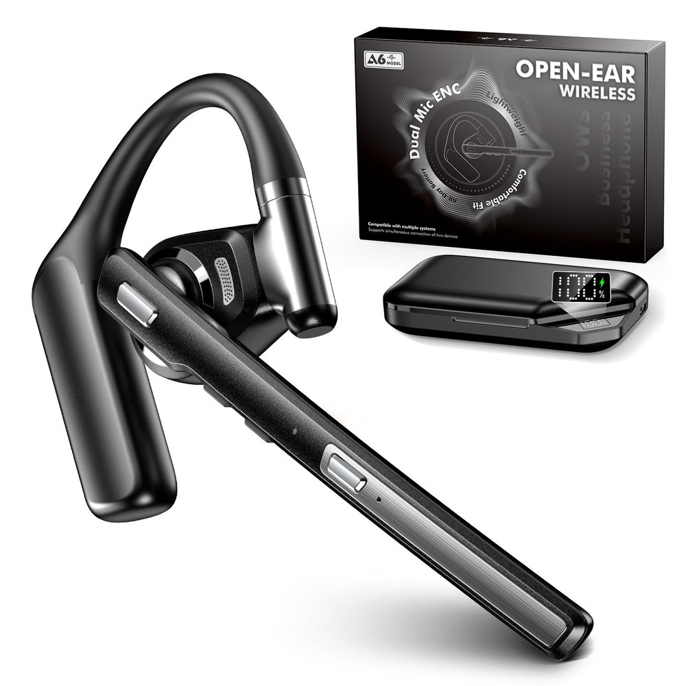 Bluetooth Headset V6.0, Open Ear Wireless Earpiece with Noise Canceling Mic, 96H Talking Time with the 950 mAh Charging Case for iOS Android Laptop, Headphones with Mute Button for Trucker Work