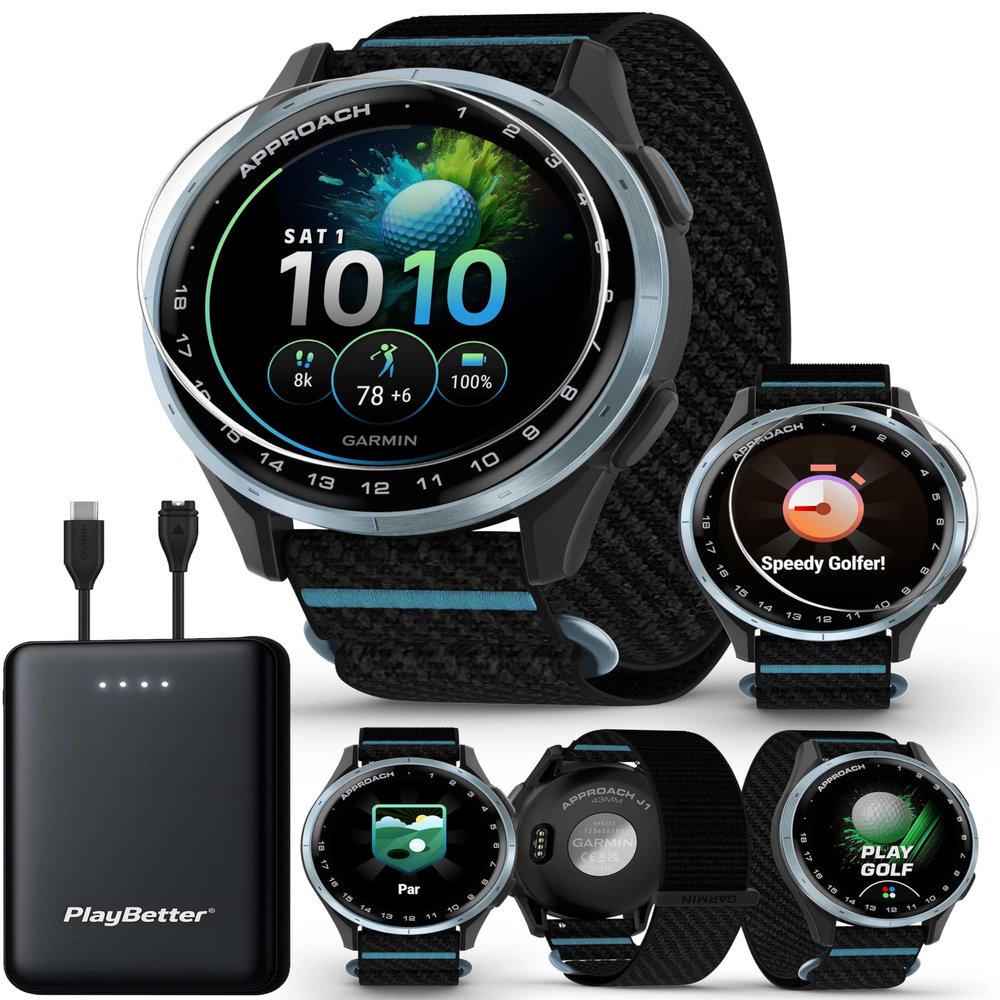 Garmin Approach J1 (Black) Junior Golf Watch Bundle - Bright & Colorful Display, Tee-Off Guidance, Learning & Improving Features with PlayBetter 5000mAh Portable Charger & HD Screen Protectors