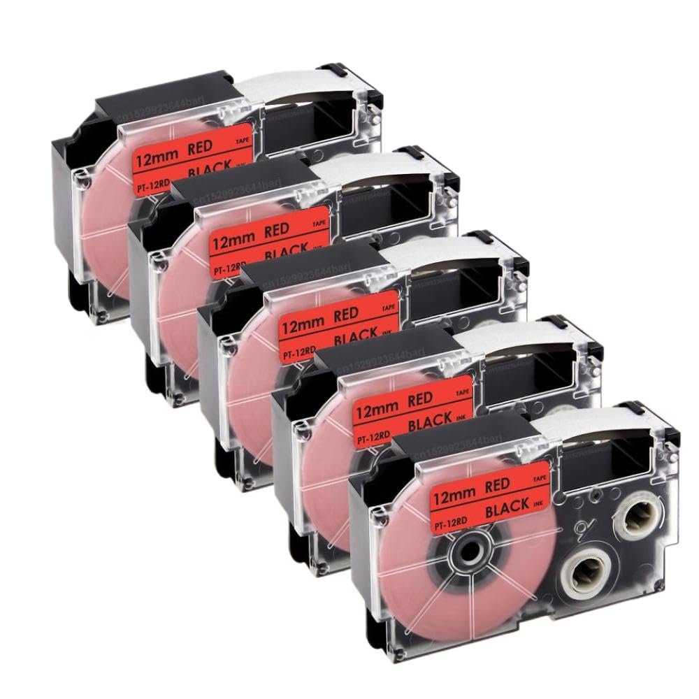 2 5 Pcs XR12WE XR9WE Black On White Tape Compatible with XR 12WE XR 9WE XR 12YW XR 12X 9 12mm Label for KL 60 Label Maker(5PK Black on Red)