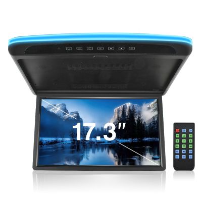 XhuangTech Car Overhead Roof Mounted Flip Down Monitor TV Video Player 1080P HD Digital TFT IPS Wide Screen Ultra-Thin with Built-in Speaker Support HDMI USB IR FM AV Input for Cars Vehicles (17.3)