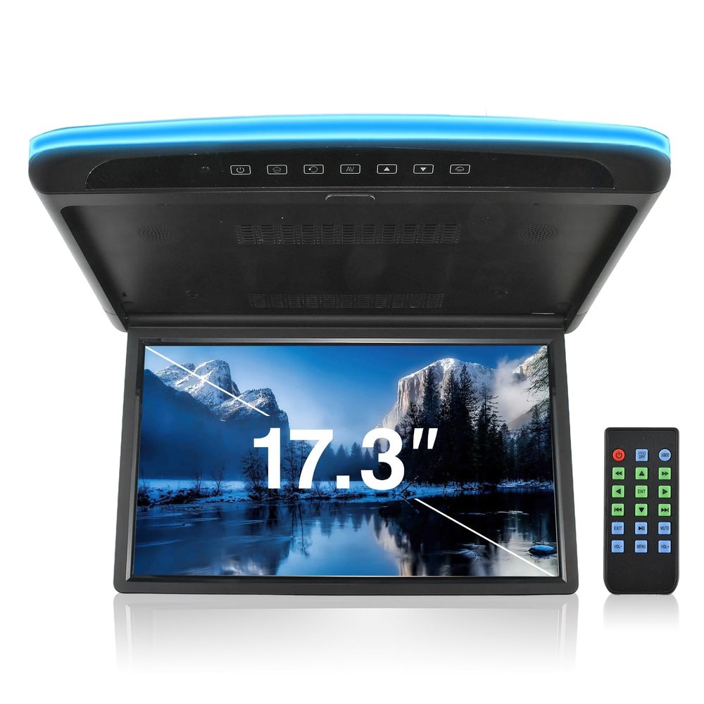 XhuangTech Car Overhead Roof Mounted Flip Down Monitor TV Video Player 1080P HD Digital TFT IPS Wide Screen Ultra-Thin with Built-in Speaker Support HDMI USB IR FM AV Input for Cars Vehicles (17.3)
