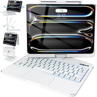 Intermerge for iPad Pro 13(M4,2024) Case with Keyboard Clear,360 Rotatable Multi-Touch Trackpad,7-Color Backlit Magnetic Keyboard Case with Pencil Holder and Type-C Charging - White