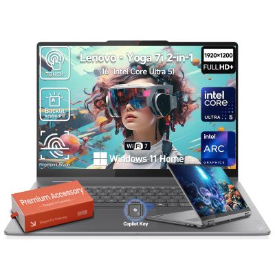 Lenovo Yoga 7i 2 in 1 Laptop Touchscreen Computer, 16" 2K IPS Touch Screen Convertible Copilot+PC, Intel Core Ultra 5 (Beat i7-1355U), 16GB DDR5 512GB SSD Windows 11,Backlit 10-Key|Thunderbolt|Wi-Fi 7