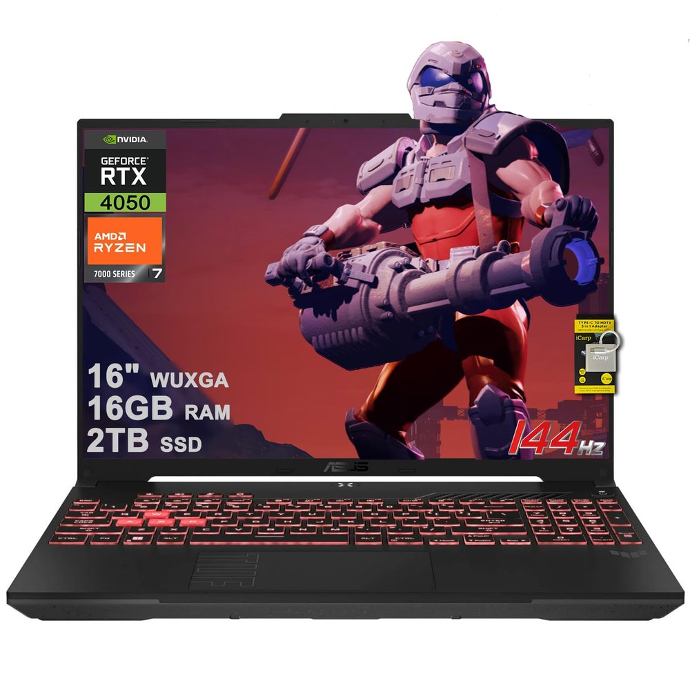 ASUS TUF Gaming A16 Laptop 16" WUXGA 144Hz AMD 6-core Ryzen 7 7445HS 16GB DDR5 2TB SSD GeForce RTX 4050 (Up to 194 AI Tops) RGB Backlit USB4 AI Noise Cancelation Wi-Fi6 Win11 ICP Hub