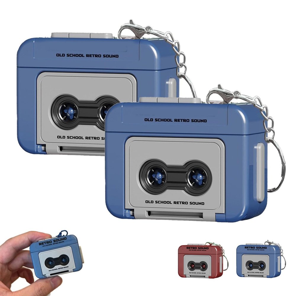 Creative Mini Tape Recorder Keychain,Can Record 15s,Mini Tape Player With Songs, Handbags Portable Cassette,Couple Gift for Birthday Valentine's Day (blue-2PCS)