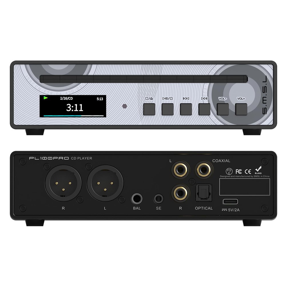 SMSL PL100PRO CD Player for Home Car CD Transport CS431312 Decoder Chip Preamplifier MQA Decoding RCA/XLR/3.5 mm/4.4 mm Headphone/Opt/Coa Digital Output with Remote Control-Black