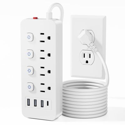 10FT Power Strip with Individual Switches, 4 AC Outlets & 4 USB Ports (3 USB-A, 1 USB-C), Flat Plug Extension Cord for Home, Office, Desk and Dorm