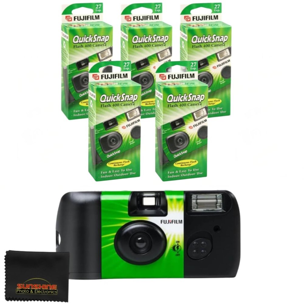 Fujifilm QuickSnap Flash 400 Camera, Fujifilm Disposable Camera with Flash, 27 Exposures with Sunshine Photo Microfiber Cloth (5 Pack)