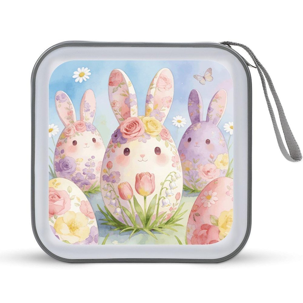VTCTOASY Bunny Floral Eggs CD Case 40 Capacity Hard Plastic DVD Cases Portable Disc Wallet Storage Binder Heavy Duty VCD Storage Box Large Media Binder for Car Home Office Travel