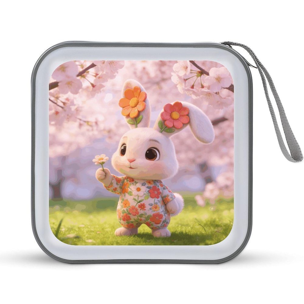 VTCTOASY Bunny Flower CD Case 40 Capacity Hard Plastic DVD Cases Portable Disc Wallet Storage Binder Heavy Duty VCD Storage Box Large Media Binder for Car Home Office Travel