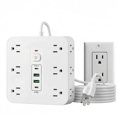 16-in-1 Surge Protector Power Strip with 12 AC Outlets, 4 USB Ports (2 USB-C & 2 USB-A) | 10A Overload Protection, Flat Plug Extension Cord for Home Office Gaming Travel (White, 6FT)