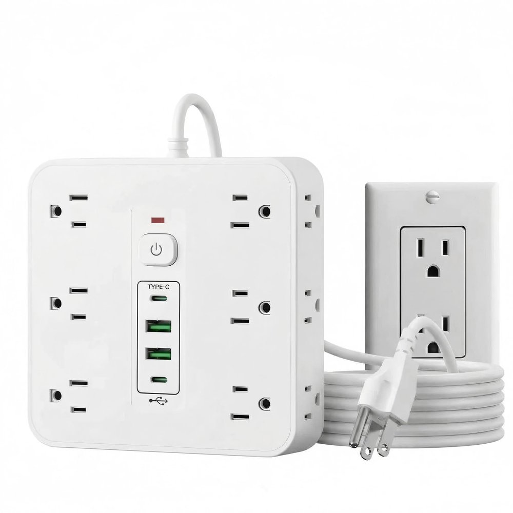 16-in-1 Surge Protector Power Strip with 12 AC Outlets, 4 USB Ports (2 USB-C & 2 USB-A) | 10A Overload Protection, Flat Plug Extension Cord for Home Office Gaming Travel (White, 6FT)