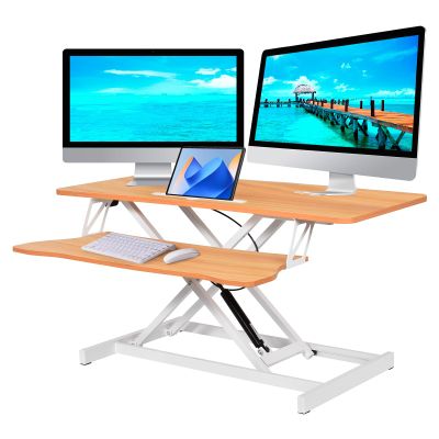 37 Inch Height Adjustable Standing Desk Converter, Stand up Desk Riser with Keyboard Tray, Sit to Stand up Workstation, Two Monitor and Laptop Desks Riser, Natural Wood