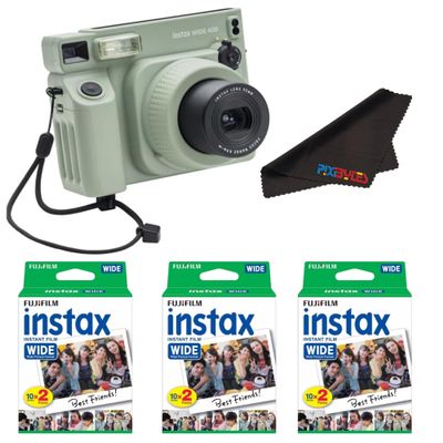 Fujifilm INSTAX Wide 400 Instant Camera - Sage Green with Pixibytes Microfiber Cleaning Cloth (Camera + 3 Wide Twin Packs)
