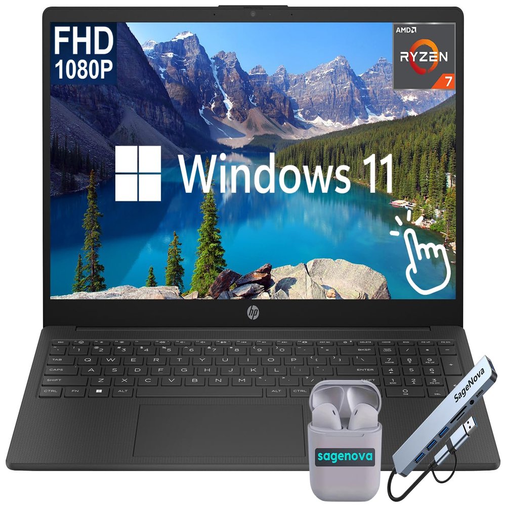 HP 15.6" FHD Touchscreen Laptop Computer, 8-Core AMD Ryzen 7 5825U Processor (Up to 4.5Ghz), 8GB RAM 512GB Storage (256GB SSD+256GB Docking Station Set), Windows 11, HDMI, SageNova Earphones, Black
