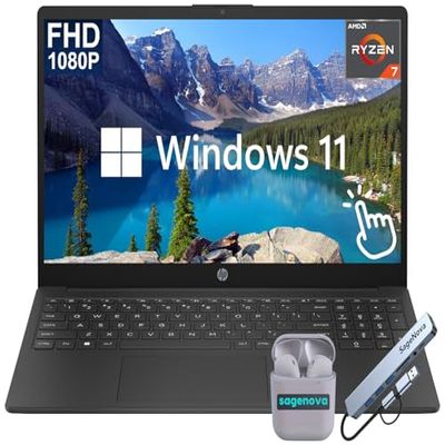 HP 15.6" FHD Touchscreen Laptop Computer, 8-Core AMD Ryzen 7 5825U Processor (Up to 4.5Ghz), 16GB RAM 512GB Storage (256GB SSD+256GB Docking Station Set), Windows 11, HDMI, SageNova Earphones, Black