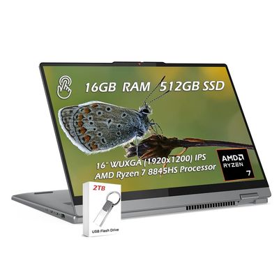 Lenovo IdeaPad 5 2-in-1 Laptop, 16" WUXGA Touchscreen, AMD Ryzen 7 8845HS, 16GB RAM, 512GB SSD, AMD Radeon Graphics, Backlit KB, Wi-Fi6, FP Reader, Win11, Luna Grey, w/2TB USB Drive, W/GaLiMu