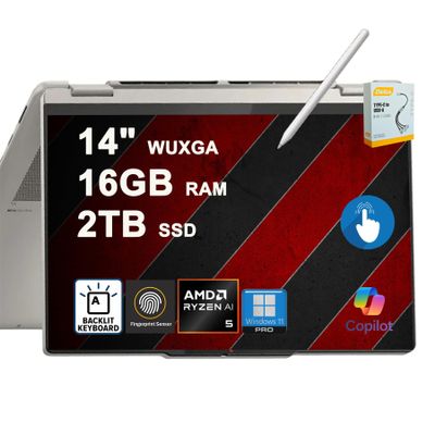 Lenovo Yoga 7 2-in-1 Laptop | 14" WUXGA OLED Touch (100% DCI-P3 600nits HDR) | AMD 6-core Ryzen AI 5 340 (Up to 50 Tops) | 16GB DDR5 2TB SSD Backlit Fingerprint w/Pen Win11Pro w/DLCA Accessory