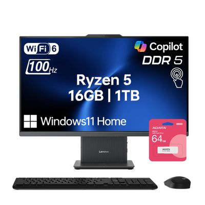 Lenovo IdeaCentre I All-in-One Desktop for Home Office, 16GB DDR5 RAM, 1TB SSD, AMD Ryzen 5 7535HS, 27" FHD Touchscreen 100Hz, Webcam, Wireless KB & M, W11H, Bundle with ADATA 64GB USB Flash Drive