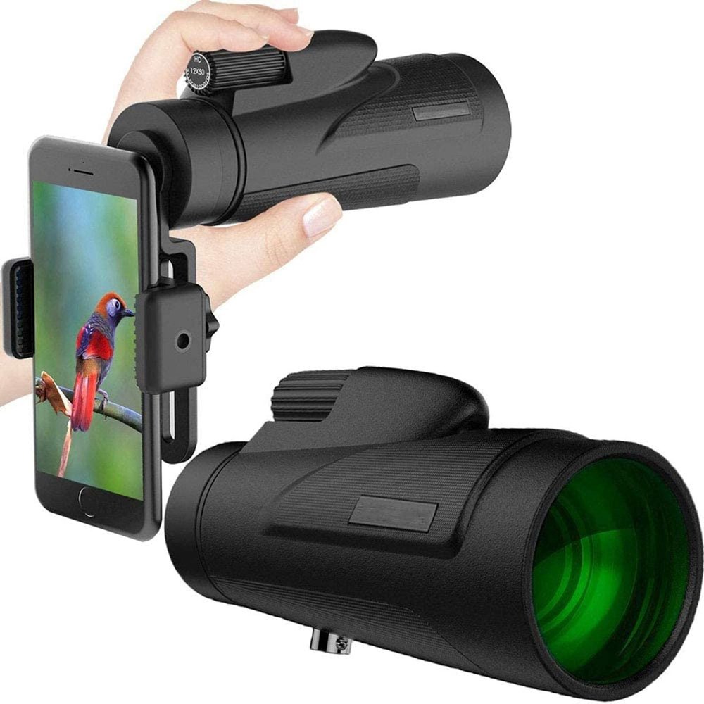 12X50 High Power Prism Monocular with Quick Smartphone Adapter - Waterproof, Fog-Proof, Shockproof BAK4 FMC Scope for Bird Watching and Camping