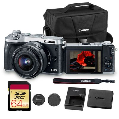 Canon EOS M6 Mirrorless Digital Camera with 15-45mm Lens (Silver) 24.2MP APS-C Sensor, Dual Pixel AF & Full HD Video | Travel & Vlogging Camera (1725C011) + Shoulder Bag + 64GB Memory Card