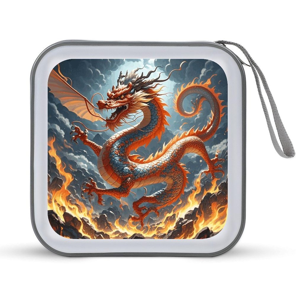FodPand Fire Chinese Dragon CD Case 40 Capacity DVD Case Hard Plastic Disc Booklet VCD Storage Box Portable Zipper DVD Holder Large Media Binder for Car Home Office Travel