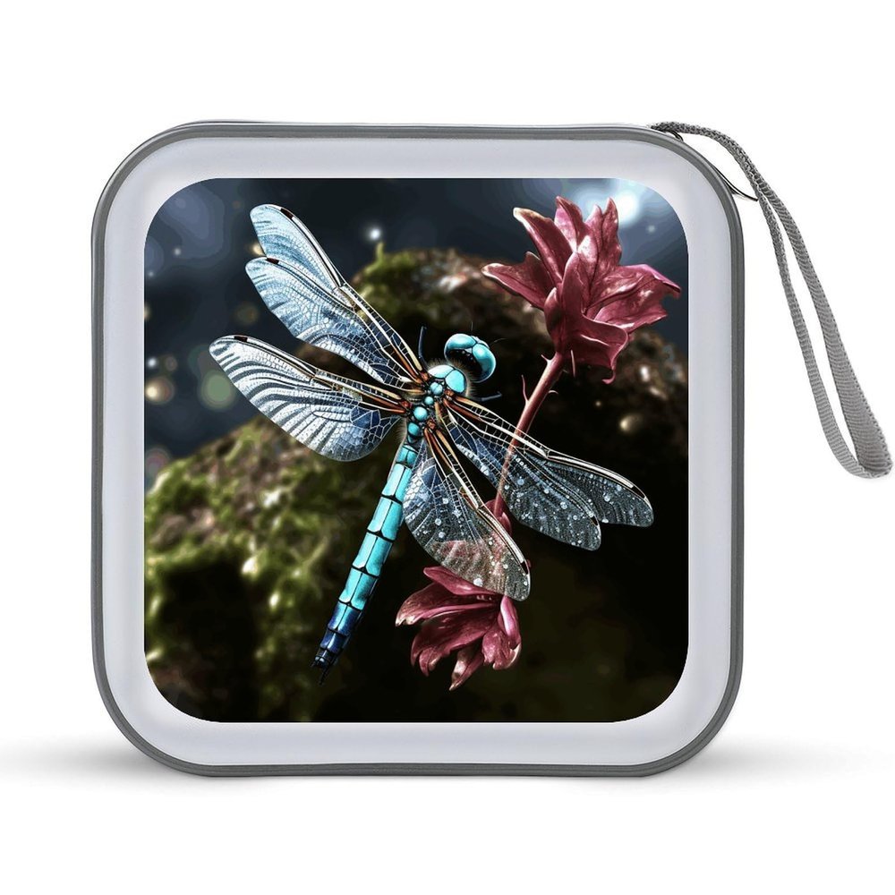 FodPand Blue Dragonfly CD Case 40 Capacity DVD Case Hard Plastic Disc Booklet VCD Storage Box Portable Zipper DVD Holder Large Media Binder for Car Home Office Travel