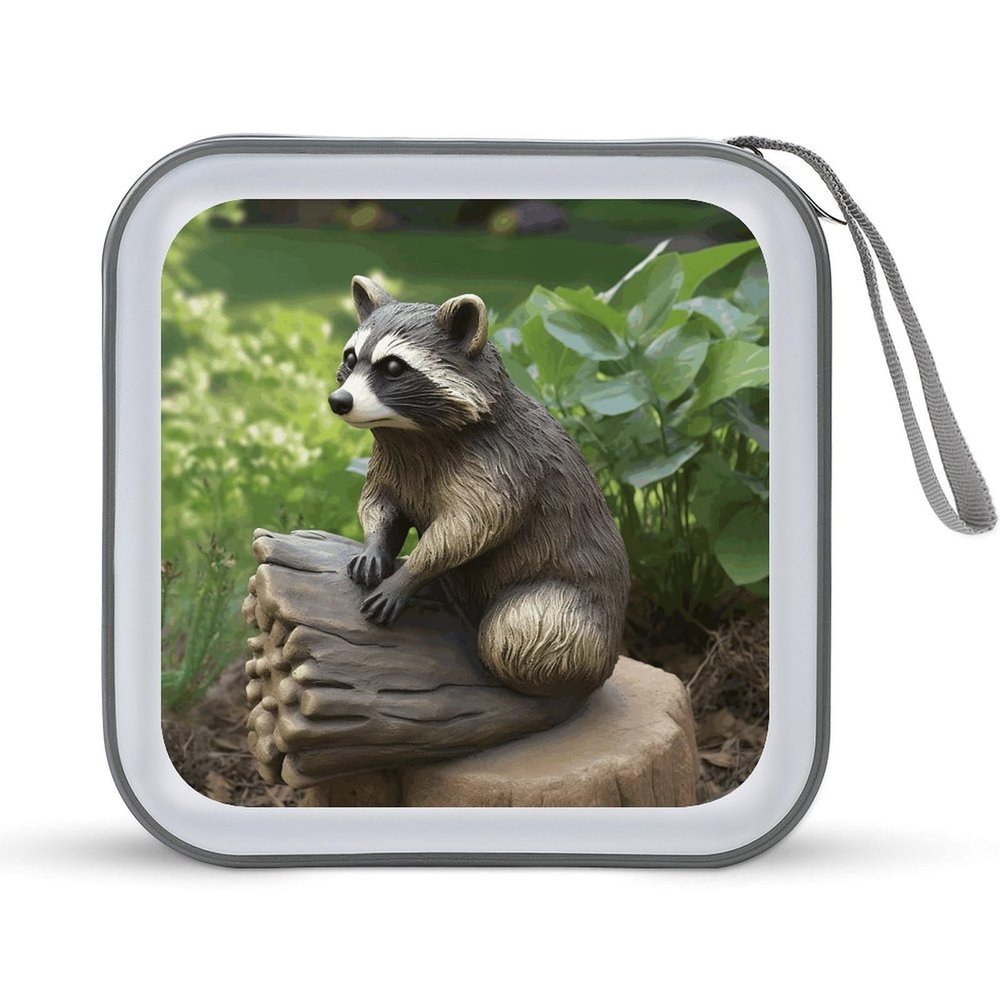 FodPand Raccoon Statue CD Case 40 Capacity DVD Case Hard Plastic Disc Booklet VCD Storage Box Portable Zipper DVD Holder Large Media Binder for Car Home Office Travel