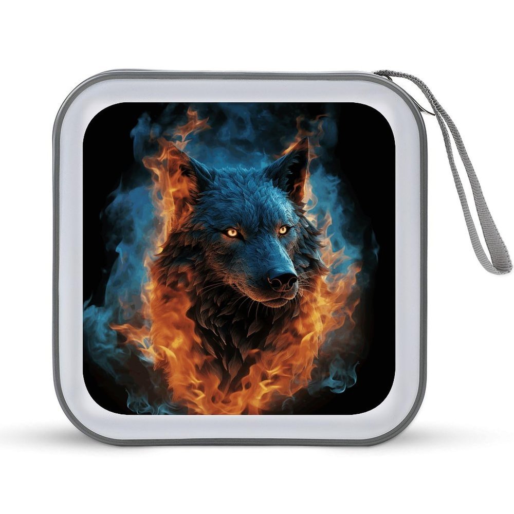 FodPand Wolf Head in Blue Flames CD Case 40 Capacity DVD Case Hard Plastic Disc Booklet VCD Storage Box Portable Zipper DVD Holder Large Media Binder for Car Home Office Travel