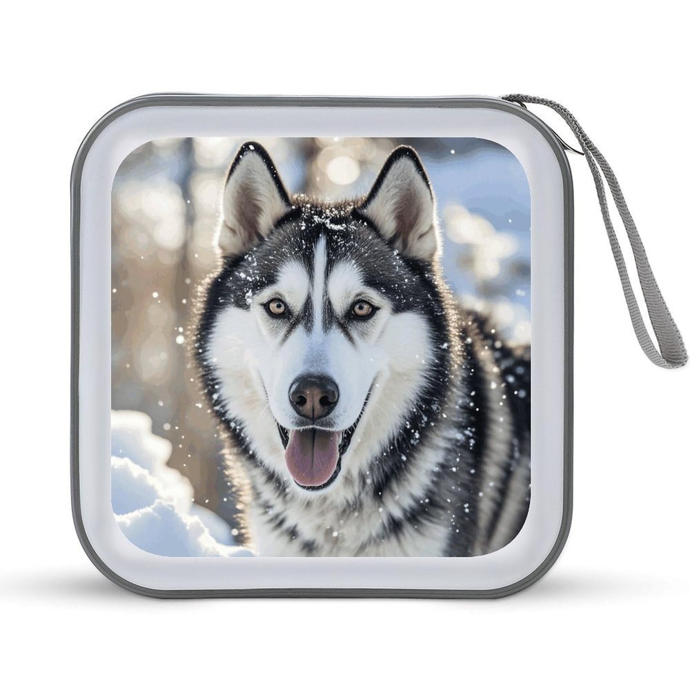 FodPand Dog in The Snow CD Case 40 Capacity DVD Case Hard Plastic Disc Booklet VCD Storage Box Portable Zipper DVD Holder Large Media Binder for Car Home Office Travel