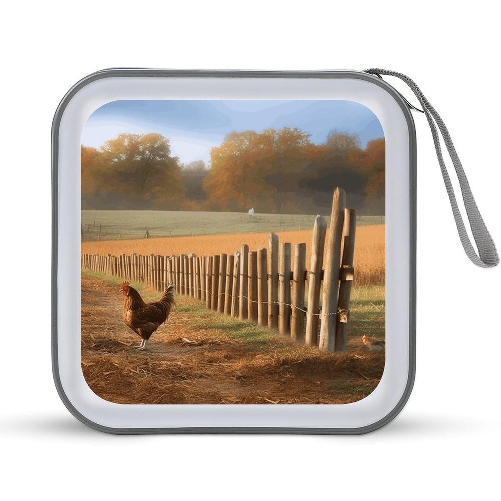 FodPand Chicken Wood Stake Farmland CD Case 40 Capacity DVD Case Hard Plastic Disc Booklet VCD Storage Box Portable Zipper DVD Holder Large Media Binder for Car Home Office Travel